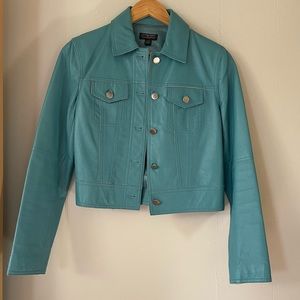 Classiques Entier Teal Blue Leather Cropped Moto Jacket - Size XS